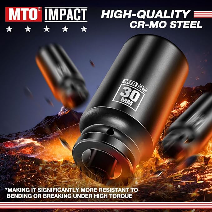 MTO 1/2" Drive 30mm Deep Impact Socket, 6 Pt. Metric Socket, CR-MO Steel & Anti-Corrosion Coating for Heavy-Duty Use