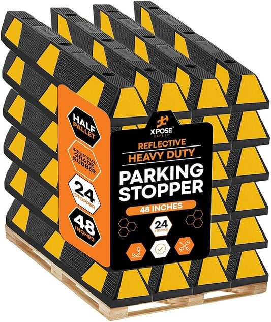 Xpose Safety 48" Heavy Duty Rubber Parking Stopper – Bulk Half Pallet 24 Pack Wheel Blocks for Garage, Driveway, or Ramp – Car Bumper Stop with Yellow Reflective Strips – Removable Floor Mount