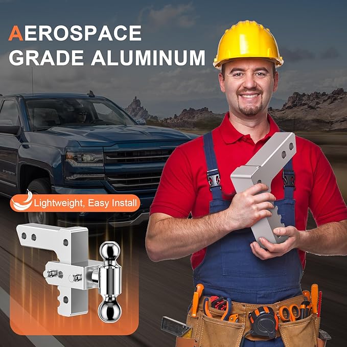 Adjustable Trailer Hitch, Fits 2.5-Inch Receiver, 8-Inch Drop/Rise for Trucks (18500 LBS GTW), Heavy Duty Aluminum Tow Hitches with 4 Silencer Pads & 2 Locking Hitch Pin, Silver