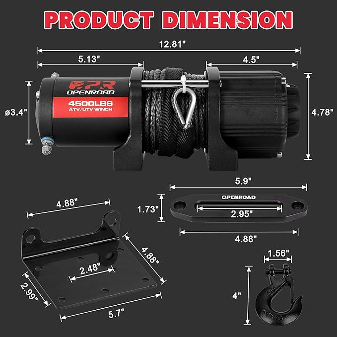 OPENROAD 4500 lb ATV/UTV Winch,12V Towing Off-Road Electric UTV Winch with 1/4"×50' Synthetic Rope,Wireless Remote and Rubber Stopper (4500lb with Synthetic Rope)