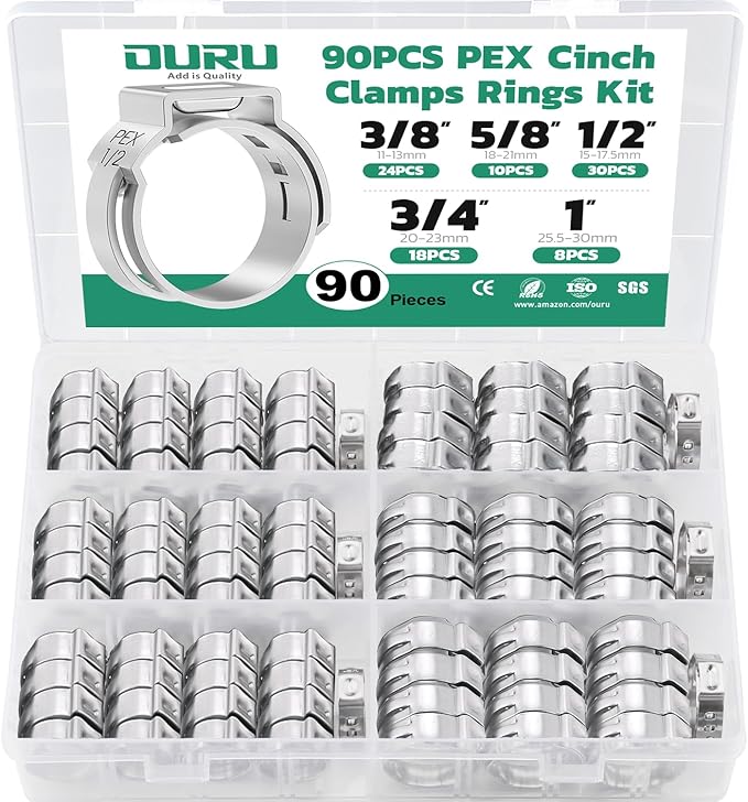 90PCS Pex Crimp Rings Assortment,304 Stainless Steel Pex Clamps 3/8",1/2",3/4",5/8",1" Single Ear Hose Clamps,Pex Cinch Clamps for Pex Fittings Pipe Tubing