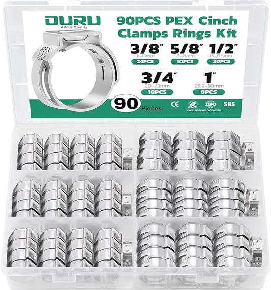 90PCS Pex Crimp Rings Assortment,304 Stainless Steel Pex Clamps 3/8",1/2",3/4",5/8",1" Single Ear Hose Clamps,Pex Cinch Clamps for Pex Fittings Pipe Tubing