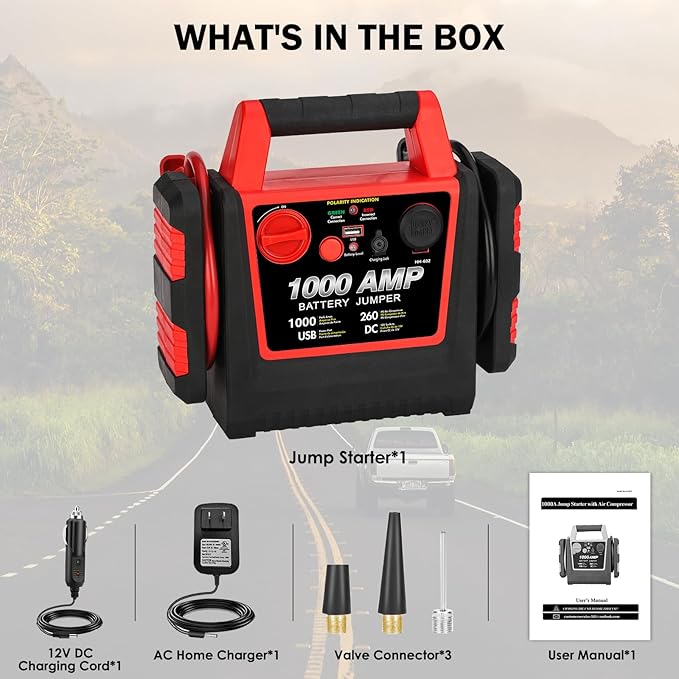 Car Battery Jump Starter-1000Amp 12V Lead-Acid Battery Jump Box with 260PSI Air Compressor, 10000 mAh Portable Power Station, Jump Pack for Vehicles Up to 5L Gas or Diesel