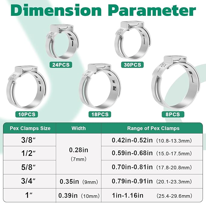 90PCS Pex Crimp Rings Assortment,304 Stainless Steel Pex Clamps 3/8",1/2",3/4",5/8",1" Single Ear Hose Clamps,Pex Cinch Clamps for Pex Fittings Pipe Tubing