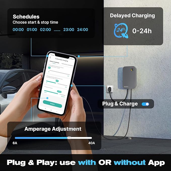 Level 2 EV Charger-40AMP 240V NEMA14-50 for J1772 EVS, WiFi Enabled Electric Vehicle Home Charging Station, ETL Certified, Password Lock Function, 25ft Cable, Grey