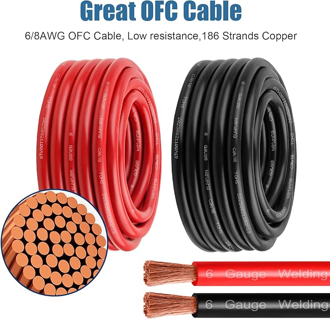 8 Awg Battery Power Cable -10FT Red + 10FT Black 8 Gauge Flexible Welding Cable OFC Copper Wire with Lugs Terminal Connectors and Heat Shrink Tube for Automotive, Battery, Inverter,Boat and Generator