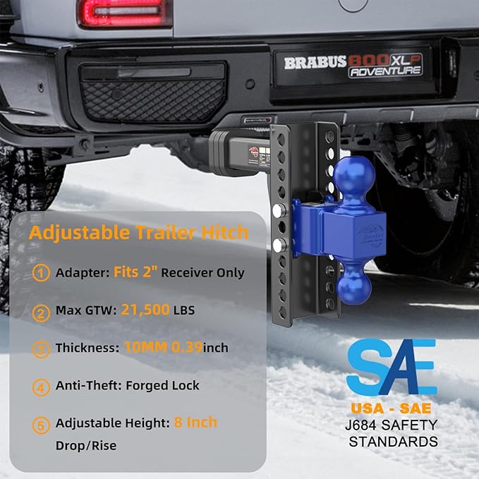 Adjustable Trailer Hitch -Drop Hitch (Fits 2-Inch Receiver) -8" Drop/Rise Tow Hitch, 2" & 2-5/16" Ball Hitches for Trucks -21,500 GTW Hitch Ball Mount with Anti-Theft Locking Hitch Pins