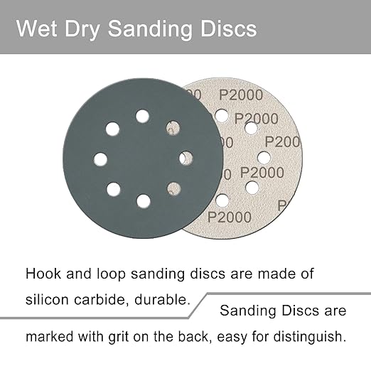 100 Pcs 5 Inch Sanding Discs Hook & Loop 8 Holes Wet Dry 2000 Grit Sandpaper Silicon Carbide Sand Paper for Orbital Sander Automotive Wood Plastic Metal Polishing (100Pcs 2000 Grit)
