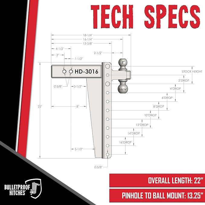 BulletProof Hitches - 3.0" Adjustable Heavy Duty Trailer Hitch (22,000 lb. Rating) - 16" Drop/Rise Trailer Hitch with 2" & 2-5/16" Dual Ball - Powder Coat, Solid Steel, Corrosion-Resistant