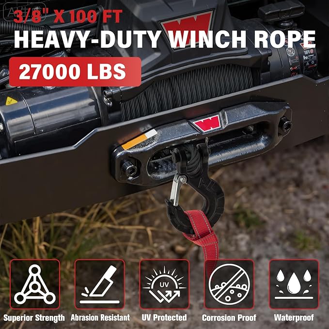 Synthetic Winch Rope Kit - 3/8" x 100' 27000 lbs Synthetic Winch Cable for ATV UTV Off-Road Vehicles with Forged Hook, Protective Sleeve and Safety Pull Strap - Black