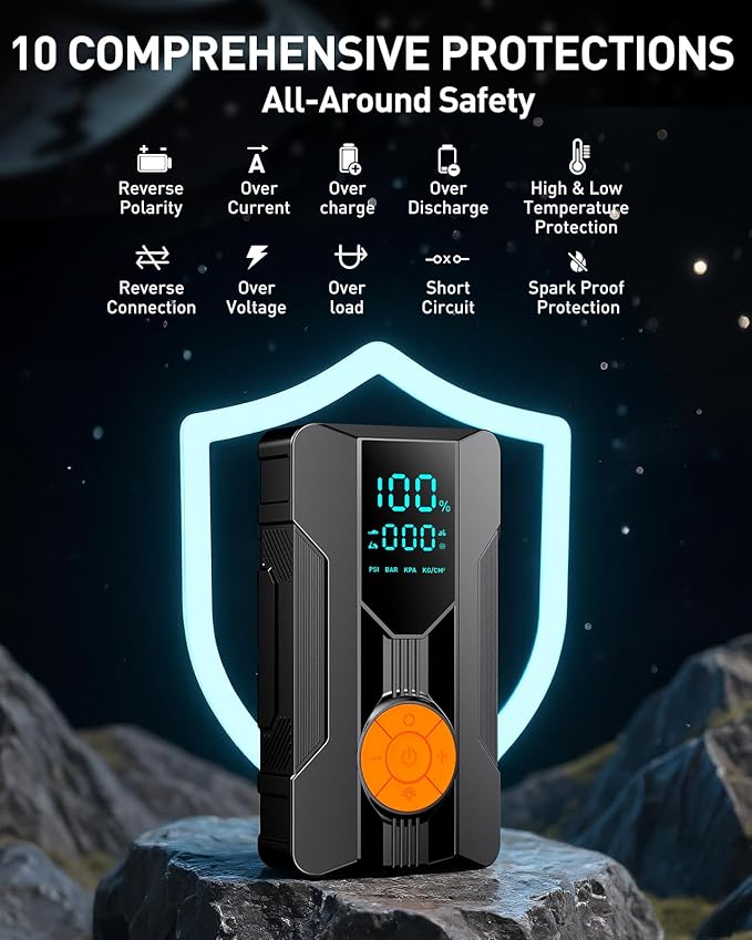 Jump Starter with Air Compressor, Car Battery Jump Starter (8.0 Gas/7.0L Diesel), Battery Jumper Starter Portable Jump Box, 12V Portable Car Jump Starter with Tire Inflator, LED Light