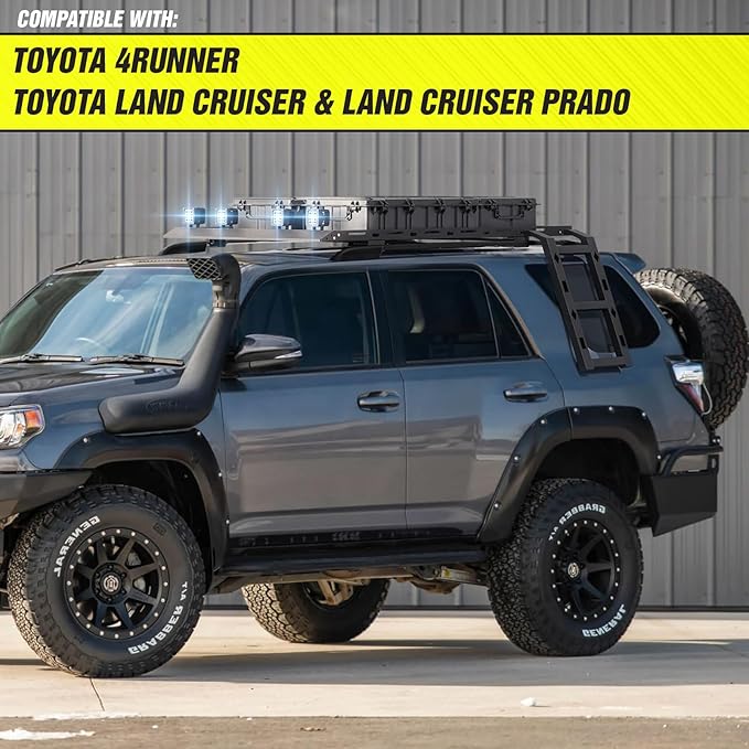 Roof Rack Cargo Basket with 4 LED Light Bars & Ladder Compatible with Toyota 4Runner / Land Cruiser & Prado 4 Doors Hardtop Cargo Carrier, Rooftop Luggage Storage Holder Cargo Racks