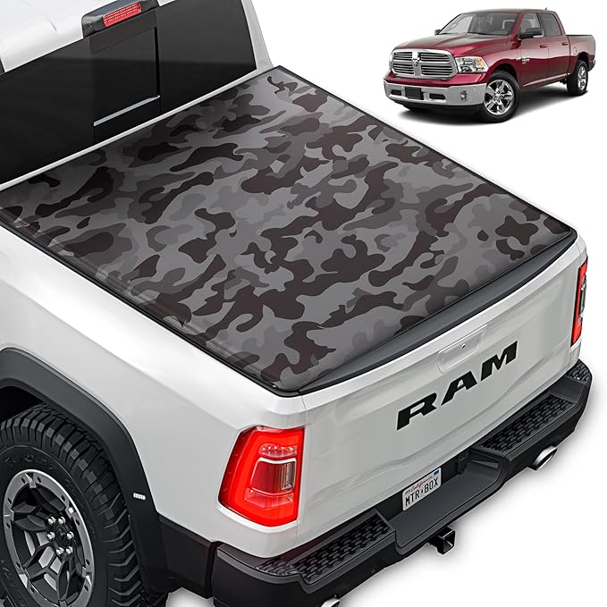 Camo Truck Tonneau Cover for Ram 1500 (2002-2025) Ram 2500 & 3500 (2003-2024) 6.4 ft Bed Length Soft Roll-Up All-Weather Retractable Truck Bed Cover with Camo Graphic (Classic Body Only NO RAMBOX)