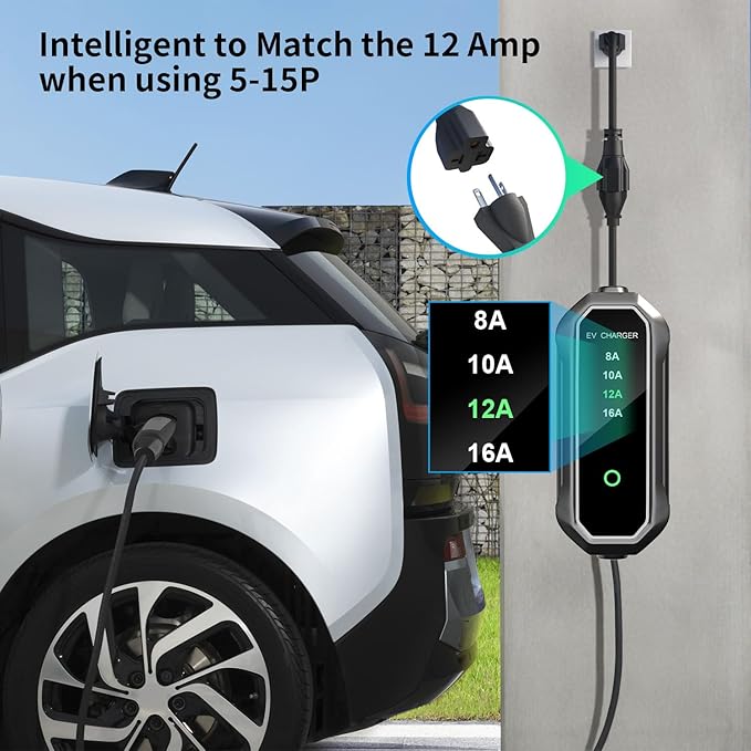 Level 2 EV Charger 16 Amp 25ft Cable 240V NEMA 6-20 Plug, 120V NEMA 5-15 Adapter, Mobile Portable Electric Vehicle Charger Plug-in Home EV Charging Station for SAE J1772 Evs Adjustable Current
