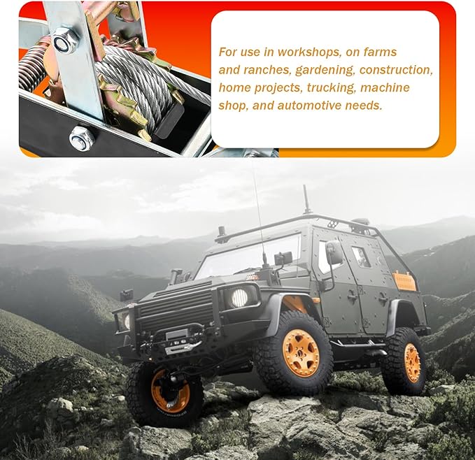 5 Ton Heavy Duty 3 Hook Steel Cable Dual Gear Power Puller Come Along Chain Winch Ratchet Tool with 3'' Inch x 8' Foot Winch Strap, Tow Strap (30,000 BLS Capacity)