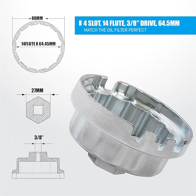 64mm Toyota Oil Filter Wrench,14 flute Cap Style oil filter removal tool for Toyota, Camry, Lexus, Tundra, 4Runner, Highlander, RAV4 and More with 2.5L to 5.7L Engines