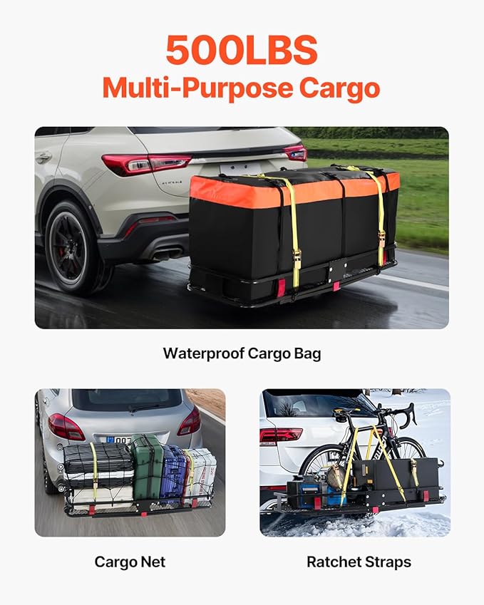 VEVOR 60" x 20" x 6" Hitch Cargo Carrier, 500 lbs Capacity with Cargo Net & Waterproof Cargo Bag, Folding Hitch Mount Cargo Carrier Basket with Hitch Lock for 2" Receiver, Fit for SUVs