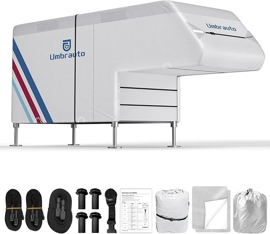 Truck Camper Cover for 10–12FT Slide-in Campers – 300D Oxford Waterproof RV Cover, Silver-Coated, All-Weather Protection with Windproof Straps & Air Vents