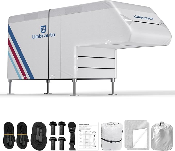 Truck Camper Cover for 6–8FT Slide-in Campers – 300D Oxford Waterproof RV Cover, Silver-Coated, All-Weather Protection with Windproof Straps & Air Vents