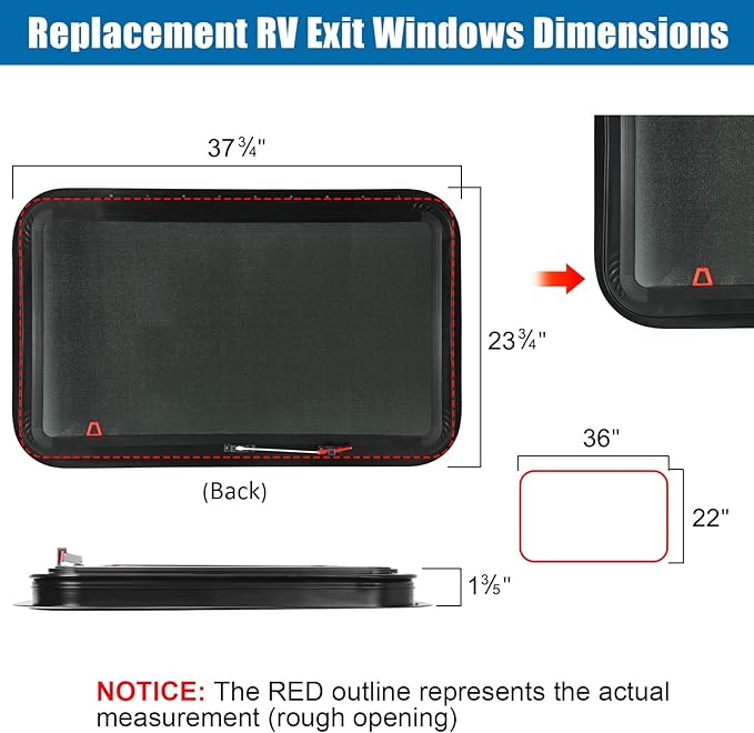 RV Exit Window, 36" W x 22" H Tinted RV Window with Net Screen and Trim Ring, Suitable for 1-1/2" or 2" Walls, DOT Approved