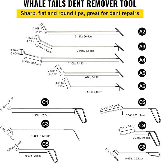 VEVOR Rods Dent Removal Kit, 21 Pcs Paintless Dent Repair Rods, Stainless Steel Dent Rods, Whale Tail Dent Repair Tools, Professional Hail Dent Removal Tool For Minor Dents, Door Dings And Hail Damage