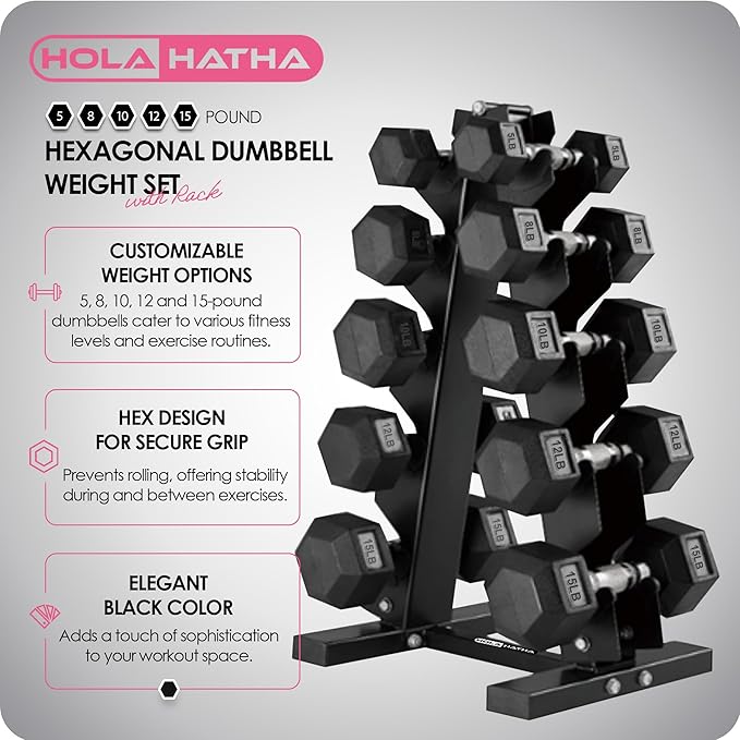 HolaHatha Hexagonal Dumbbell Free Hand Weight Set w/Rack