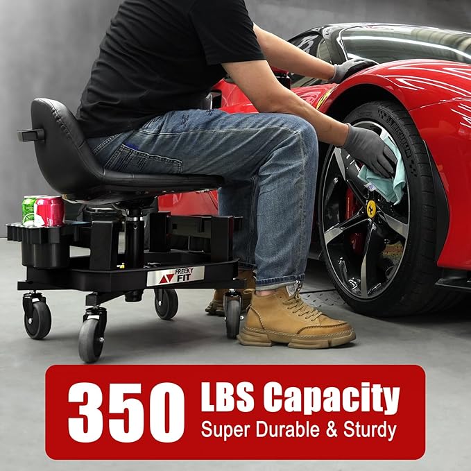 Rolling Stool with Wheels, Adjustable Shop Stool Mechanic Seat, Garage Shop Roller Work Chair, Mobile Rolling Seat with Tool Tray, 2 Cup Holders, 4" Casters, 350 LBS, Heavy-Duty, Black