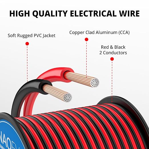 NAOEVO 10 Gauge Wire 100FT, 2 Conductors Electrical Wire Red Black Cable, Flexible/Low Voltage/PVC 10 AWG Copper Clad Aluminum Extension Cord for Speaker, LED Strips, Automotive 12V/24V DC