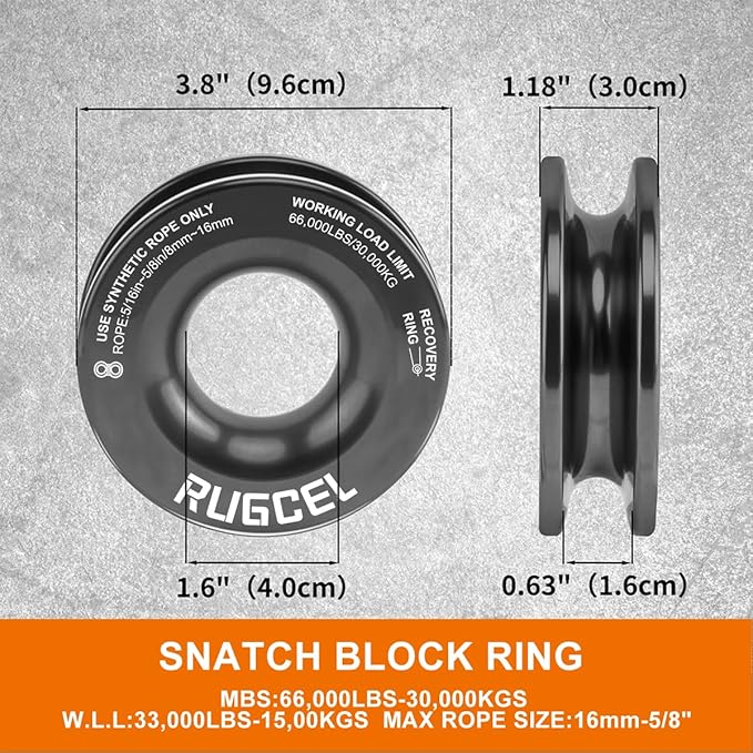 RUGCEL Kinetic Recovery Rope Tow Rope - 34000 lbs Strength, 1" x 30ft, with Heavy-Duty Gloves, Soft Shackle & Snatch Block - Ideal for Car, Truck, SUV, UTV, ATV & Tractor - Black Tow Straps