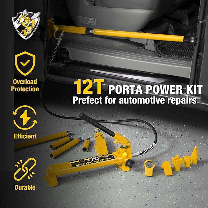YELLOW JACKET 12 ton Porta Power Kit Hydraulic Ram Jack Pusher Puller Auto Body Frame Repair Tool with Blow Mold Carrying Storage Case for Car Repair,Truck,Farm