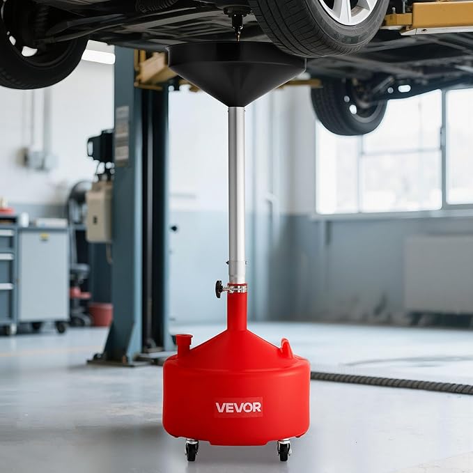 VEVOR 8 Gallon Waste Oil Drain Tank, Industrial Fluid Drain Tank with Adjustable Funnel Height, Portable Oil Drainer with Wheels, Fluid Fuel Transfer Drainage for Auto Repair Shops, Garages, Red