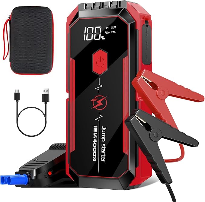 Car Battery Jump Starter 4000A: Battery Jumper Starter Portable Charger with Jumper Cables, 12V Auto Jump Starter Battery Pack - Car Starter Jump Box for All Gas & 10.0L Diesel Engines, Black & Red