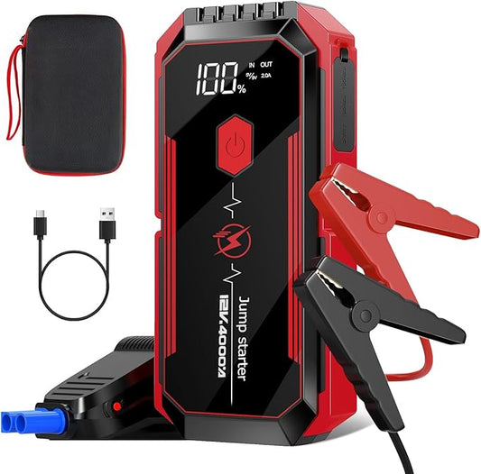 Car Battery Jump Starter 4000A: Battery Jumper Starter Portable Charger with Jumper Cables, 12V Auto Jump Starter Battery Pack - Car Starter Jump Box for All Gas & 10.0L Diesel Engines, Black & Red