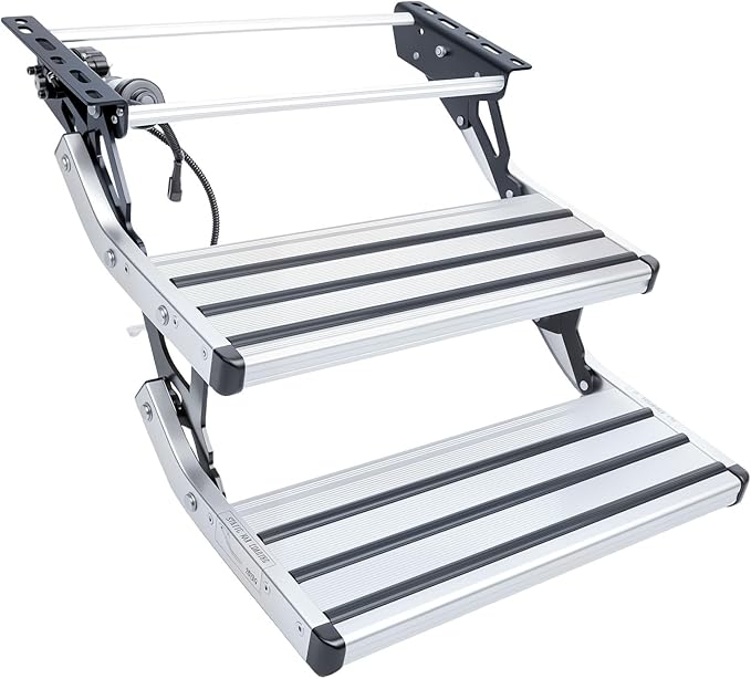 Electric Retractable RV Steps with LED Light, 2-Step, 400 LBS Load Capacity, Foldable Aluminum Alloy Camper Steps, Thickened Steel Plate Trailer Steps, Non-Slip Design, Ideal for RV, Trailer, Camper