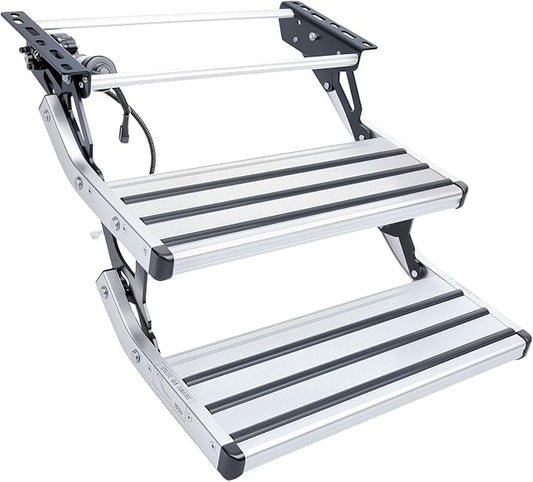 Electric Retractable RV Steps with LED Light, 2-Step, 400 LBS Load Capacity, Foldable Aluminum Alloy Camper Steps, Thickened Steel Plate Trailer Steps, Non-Slip Design, Ideal for RV, Trailer, Camper