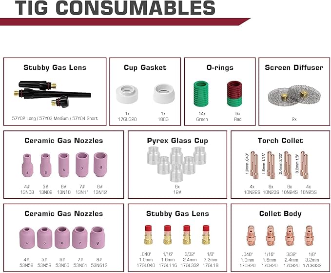 ARCCAPTAIN TIG Welding Torch Accessories kit 71 Pcs Alumina Nozzle Collets Body Stubby Gas Lens #12 Glass Cup consumables Kit For WP-17/18/26-Black