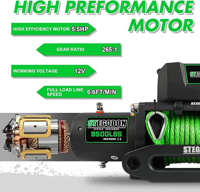 Winch 9500lb Winch 12V Waterproof Electric Winch Synthetic Rope Winch with Wireless Remote and Corded Control for Truck SUV Jeep Wrangle (Green Rope)