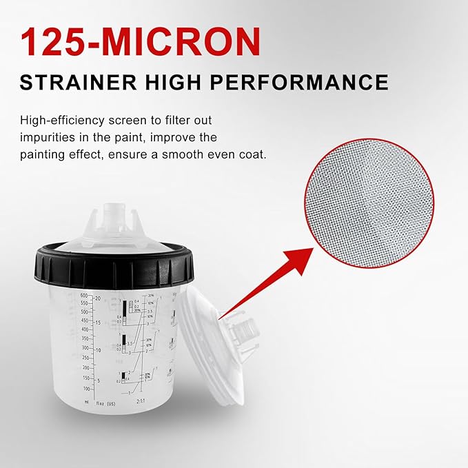 RRJ Disposable Paint Cup Spray Gun Cup, Paint System for LVLP and HVLP Spray Gun Kit 600 ML Mixing Cup with 50 Cups Liners and Lids, 1 Hard Cup with Retainer Ring, 2 Cup Adapter, Stirrer
