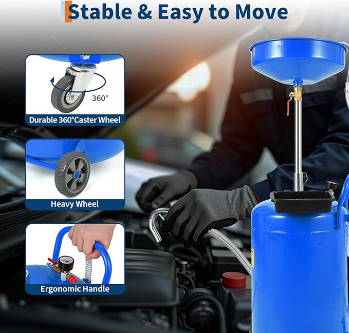 20 Gallon Waste Oil Drain Tank Portable Air Operated Oil Drainer with Adjustable Funnel Height 38-65 Inches 15 Inch Funnel Fluid Fuel Transfer Drain Container with 360 Degree Wheels and Toolbox Blue