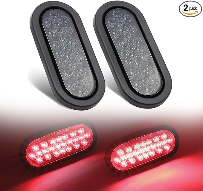 2 Pcs 6 Inch Oval Smoked Lens Red Multi-Function Tail Lights Brake Stop with Rubber & Plug for Truck Trailer Tow Bus 12V DC Shockproof 24LED
