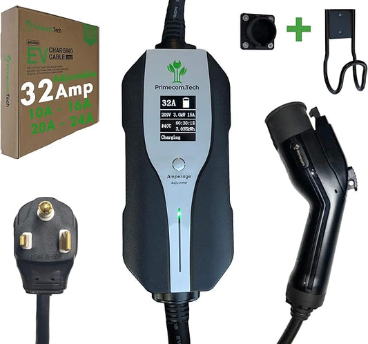 PRIMECOMTECH Primecom.Tech Level 2 Electric Vehicle (EV) Charger Amperage Adjustable (10Amp - 16Amp - 20Amp - 24Amp - 32Amp) 30Ft Cable EVSE Plug-in Hybrid (30 FT, 6-50P)