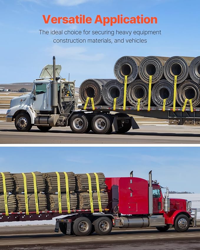 VEVOR Truck Straps, 4" x 30' Heavy Duty Tie Down w/Flat Hooks 18,000lbs Break Strength, WLL# 6000lbs, Cargo Straps tie Down for Flatbeds, Trucks, Trailers, Farms, Rescues, Tree Saver, Yellow(4 Pack)