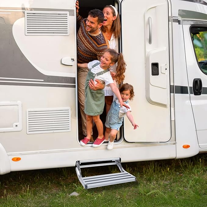Electric Retractable RV Steps with LED Lighting, 400 LBS Load Capacity, Foldable Aluminum Alloy Camper Steps, Thickened Steel Plate Trailer Steps, Non-Slip Design, Ideal for RV, Trailer, Camper