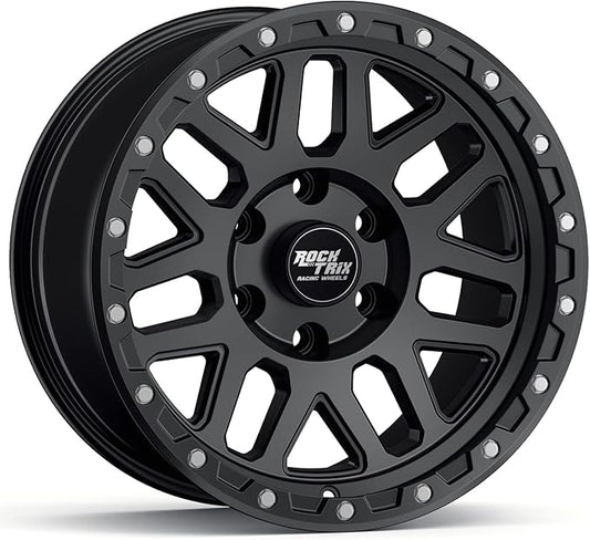 RockTrix RT110 18 inch Wheel Compatible with 2009-2024 Ford F150 18x9 6x135 Wheels (-12mm Offset, 4.5in Backspace) 87.1mm Bore, Black Wheels, Also fits 2022+ Bronco Raptor Rims