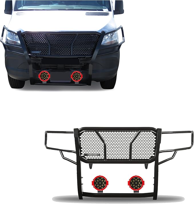 Black Horse RUGGED HD Grille Brush Bumper Guard Modular Black Come With pair of 7.0"LED Lights with Red Trim Rings Compatible with 2019-2025 Dodge Sprinter-Benz Sprinter 1500/2500/3500-RU-DOSP19-B-PLR