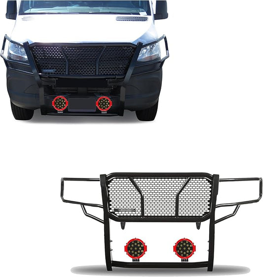 Black Horse RUGGED HD Grille Brush Bumper Guard Modular Black Come With pair of 7.0"LED Lights with Red Trim Rings Compatible with 2019-2025 Dodge Sprinter-Benz Sprinter 1500/2500/3500-RU-DOSP19-B-PLR
