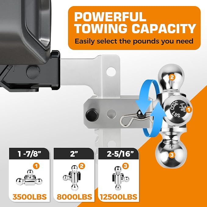 Kingfun Adjustable Trailer Hitch - Fits 2 Inch Receiver, Tri-Ball (1-7/8" X 2" X 2-5/16") 6-Inch Rise/Drop Hitch, 12500 Lbs Gtw Heavy Duty Aluminum Truck Tow Hitch with Anti-Theft Pin (Silver)