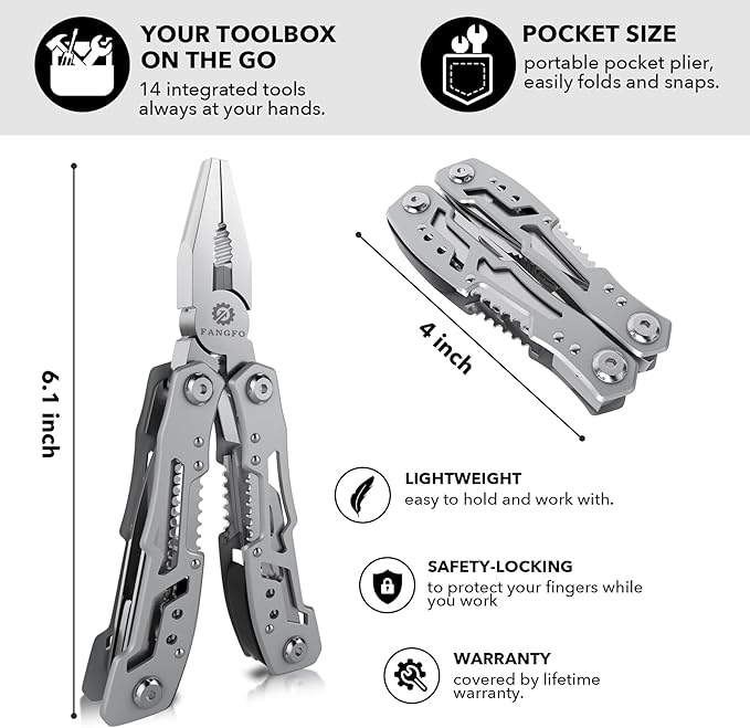 14-In-1 Multitool Pliers，Premium Portable Multi Tool ，with Safety Locking Professional Stainless Steel Multitool Pliers Pocket Knife,Apply to Survival, Camping, Gifts for Dad Husband Boyfriend