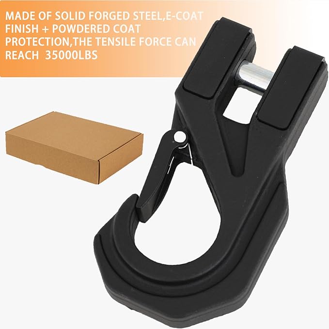 Winch Hook Heavy Duty, Max 15 Ton (35,000 Lbs), Forged Steel Winch Hook with Safety Latch for Synthetic Rope Winch Cable ATV UTV, black