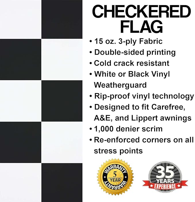 ShadePro - RV Awning Fabric Replacement - Heavy Duty Weatherproof Vinyl - Universal Outdoor Canopy for Camper, Trailer, and Motorhome Awnings - Checkered Flag Blk WG - 20' (Fabric 19' 2")